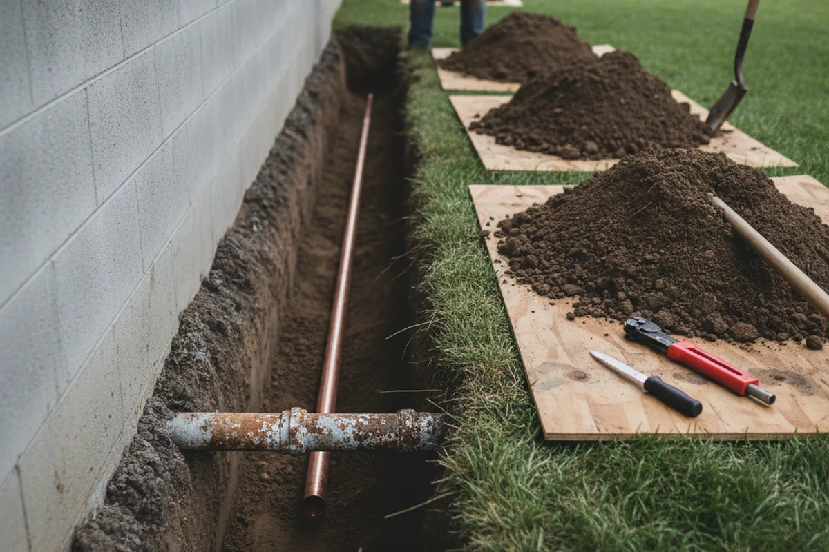 Excavated water line trench during Water Heater Repair in Ossining